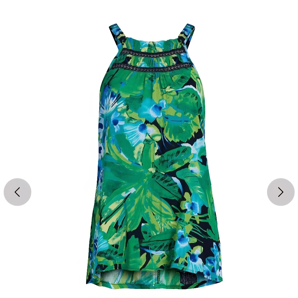 New York & Company Bold Floral Print Shirred Halter Green Blue Floral Tank Top